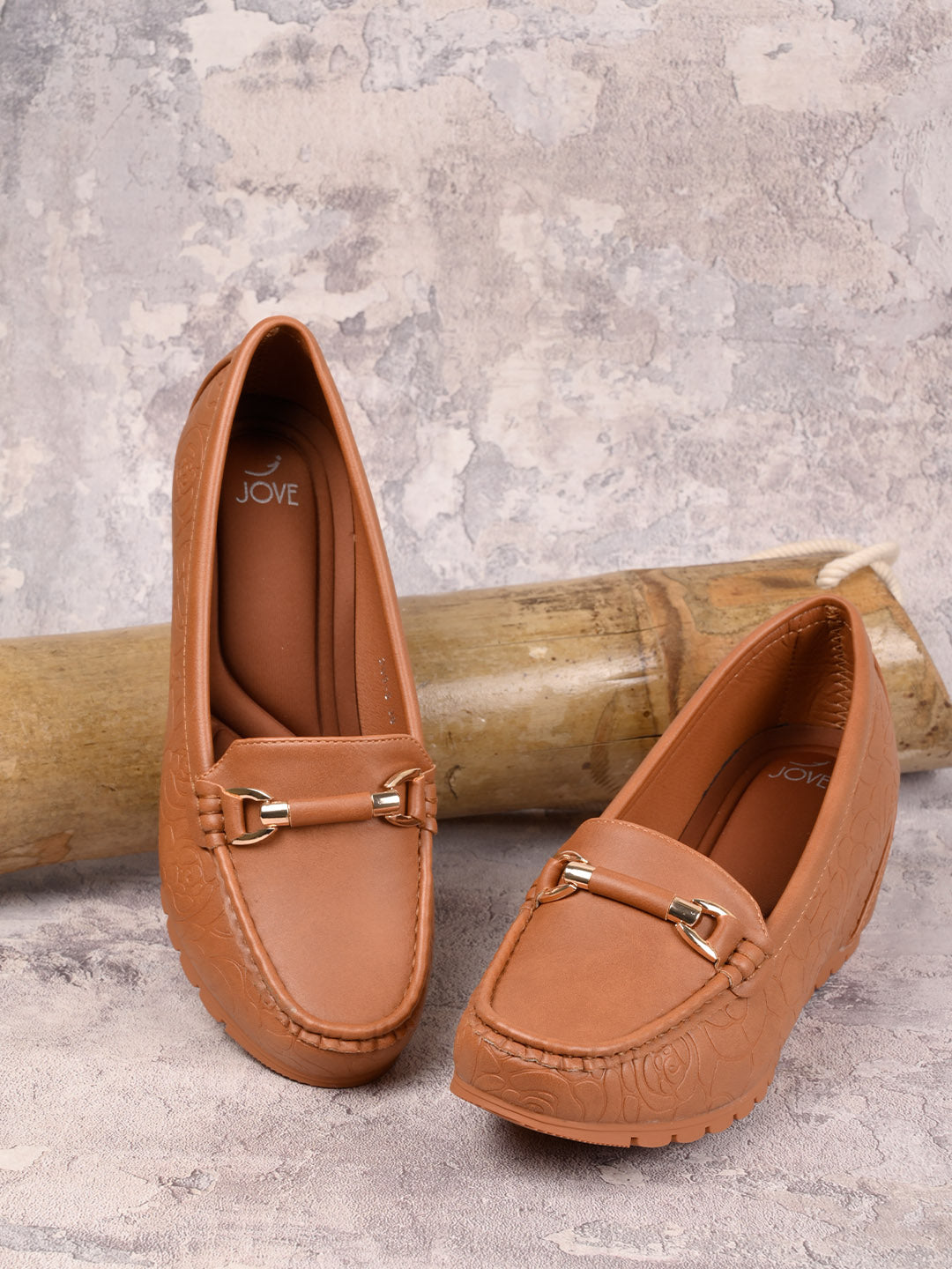 Women Camel Brown Textured Wedge Heel Loafers ShoeTree