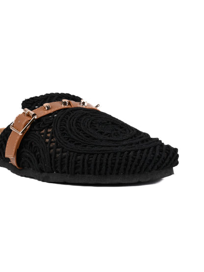 Women Black Woven Design Mules