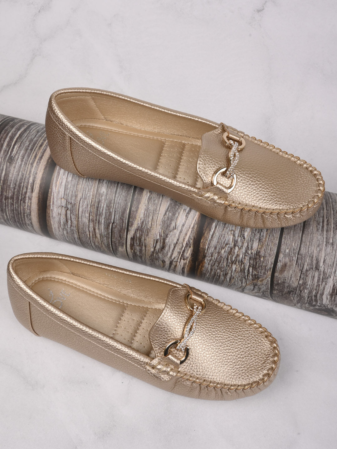 Women, Women Footwear, Gold Loafers