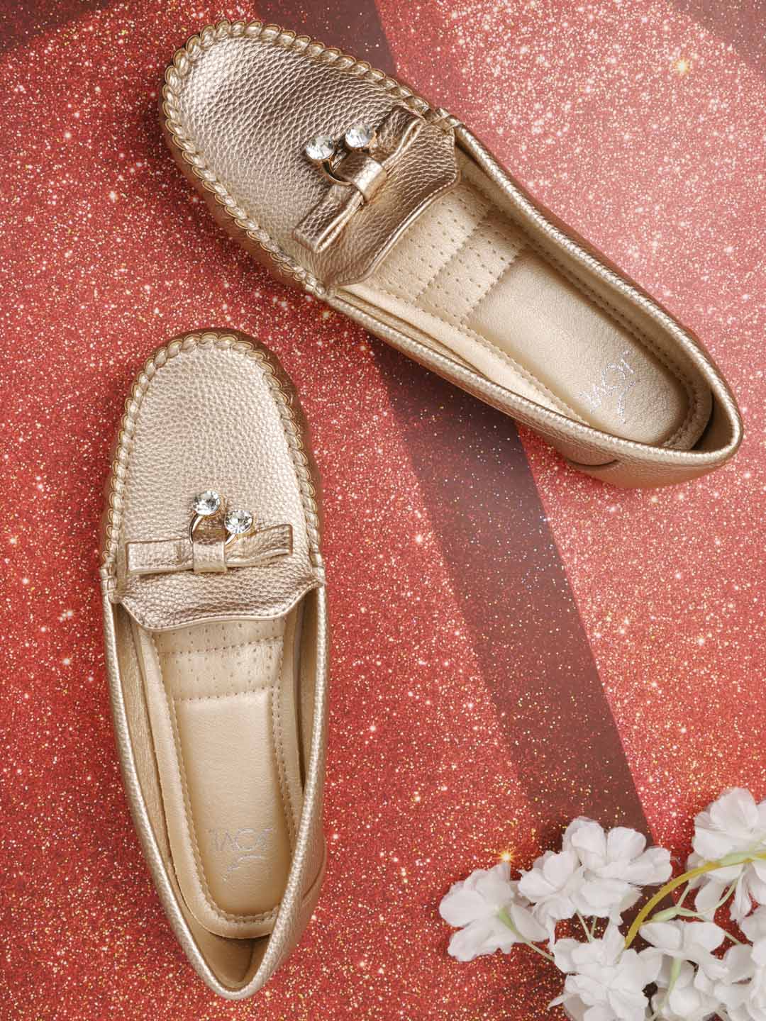 Women, Women Footwear, Gold Loafers