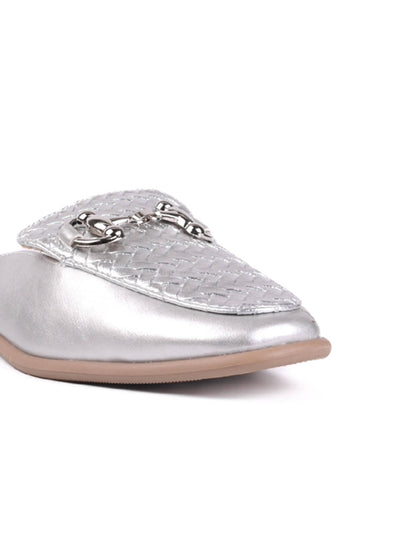 Women Silver Metallic Woven Design Mules