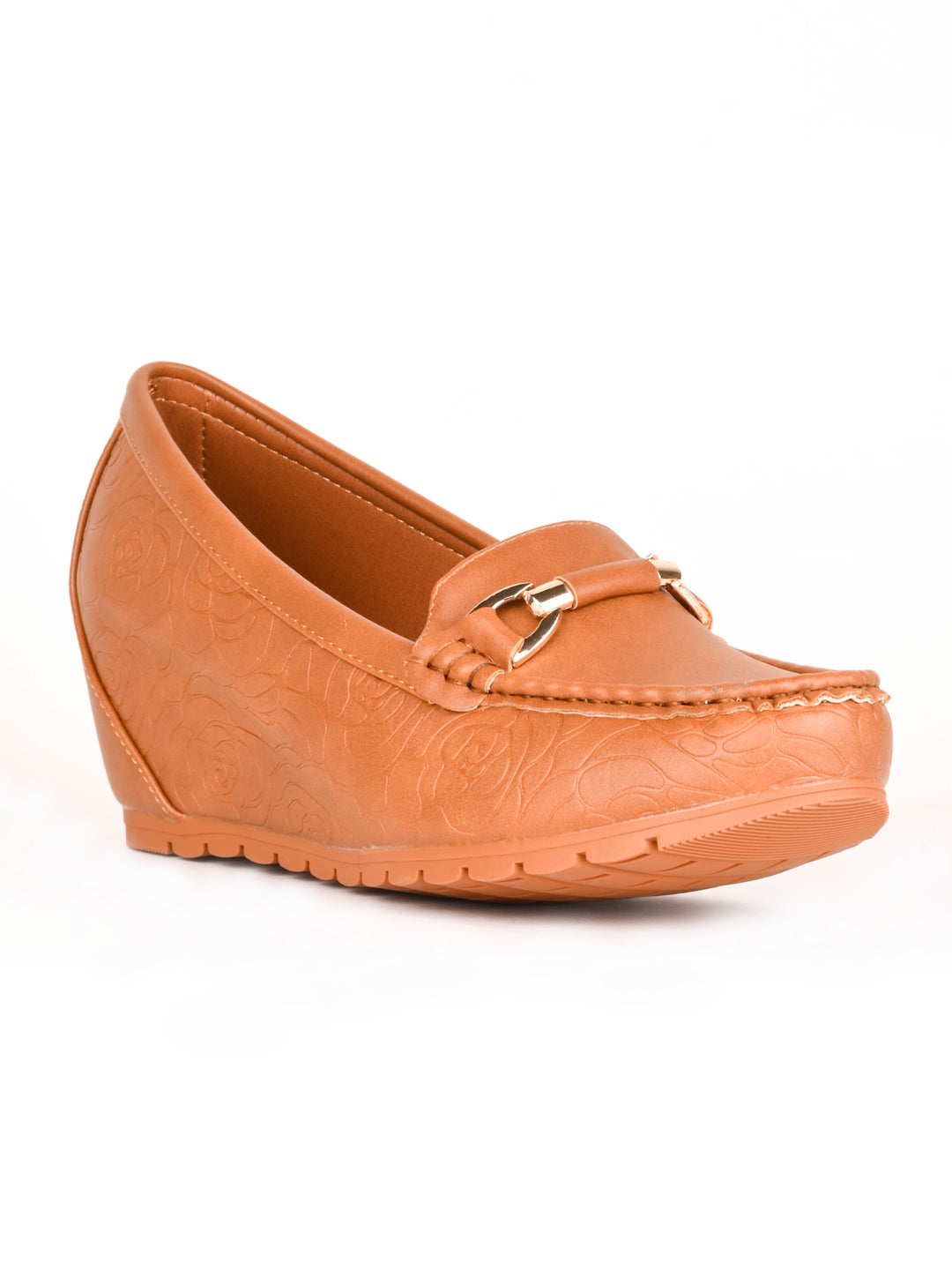 Women Camel Brown Textured Wedge Heel Loafers ShoeTree