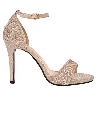 Women Champagne Embellished Ankle Loop Stilettos