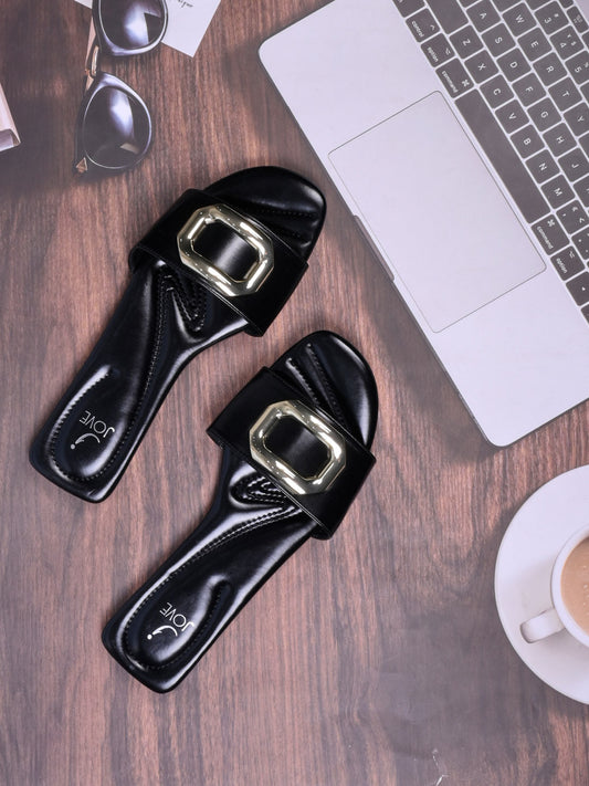 Women, Women Footwear, Black Open Toe Flats