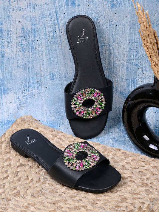 Women, Women Footwear, Black Open Toe Flats