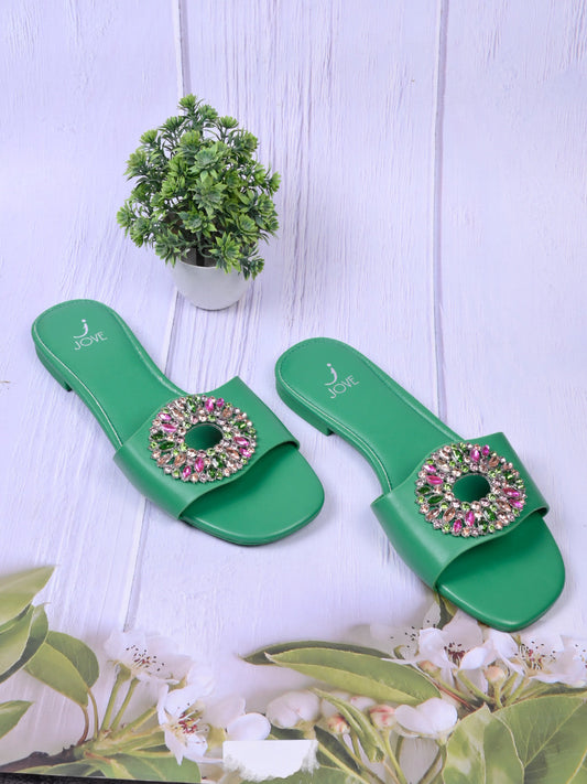 Women, Women Footwear, Green Open Toe Flats