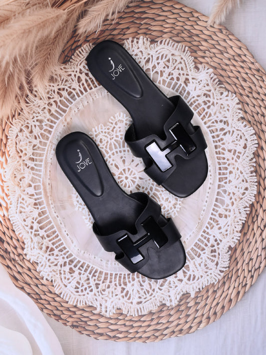 Women, Women Footwear, Black Open Toe Flats