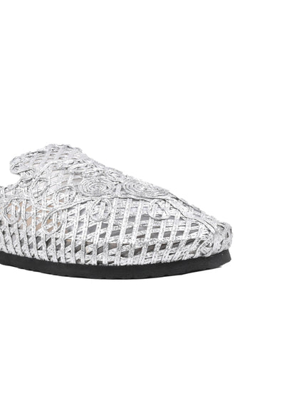 Women Silver Woven Design Mules