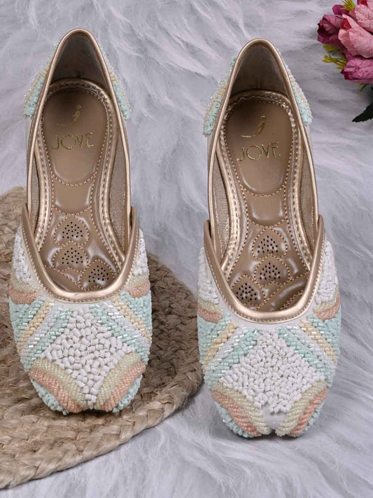 Women, Women Footwear, Cream Mojaris