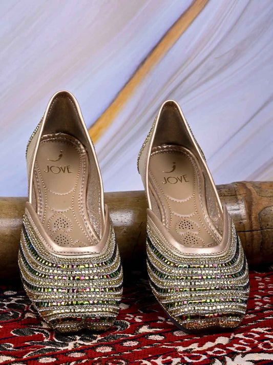 Women, Women Footwear, Gold Mojaris