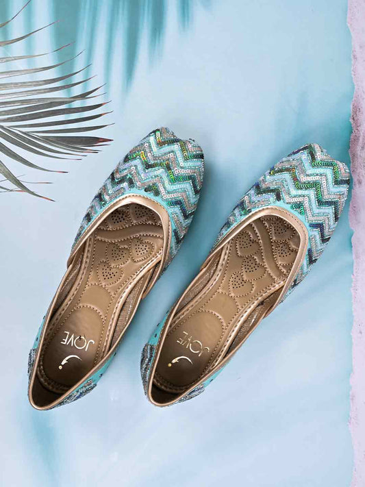 Women, Women Footwear, Turquoise Blue Mojaris