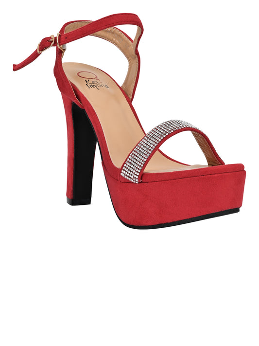 Women Red Embellished Ankle Loop Sandals