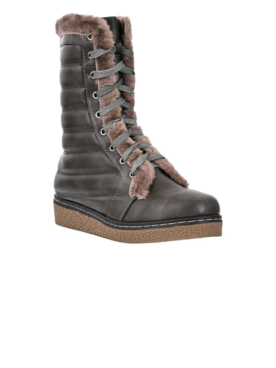 Women Dark Grey Striped Mid-Top Boots