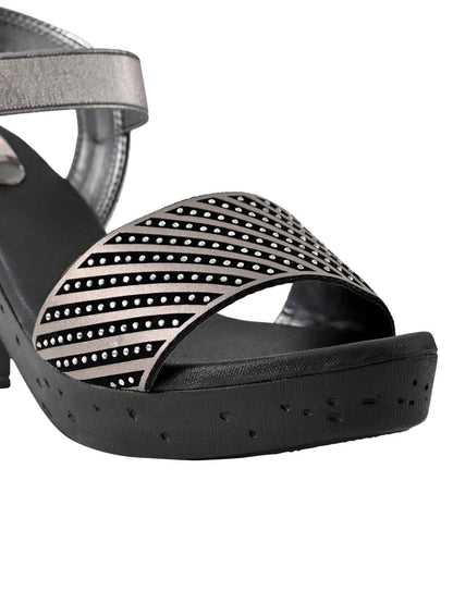 Women Grey Embellished Ankle Loop Sandals