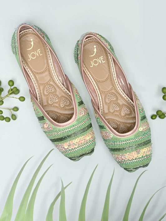 Footwear, Women Footwear, Green Mojaris