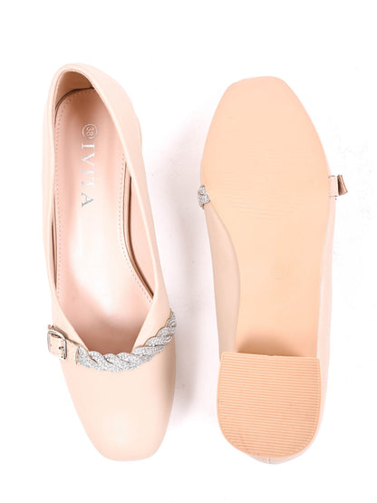 Women Beige Embellished Ballerinas