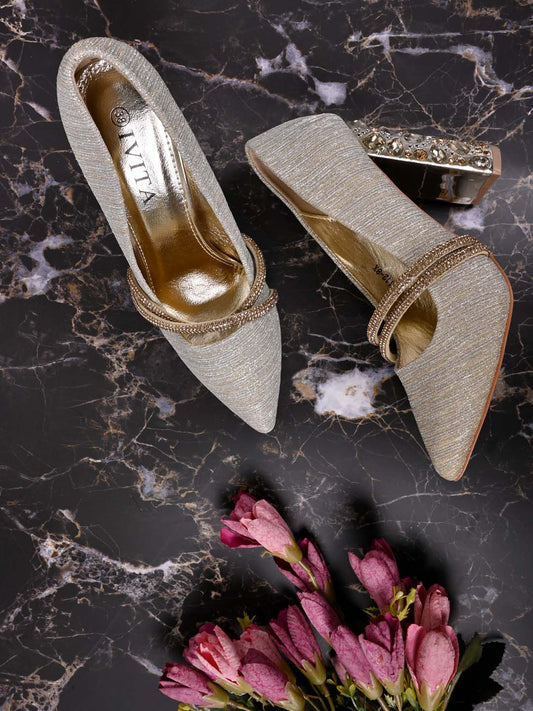 Women, Women Footwear, Gold Pumps