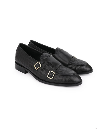 Men Black Woven Design Monk Shoes