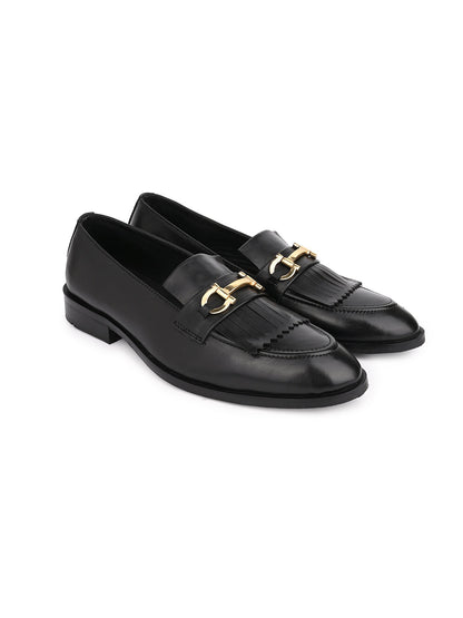 Men Black Solid Fringes Slip On Loafers