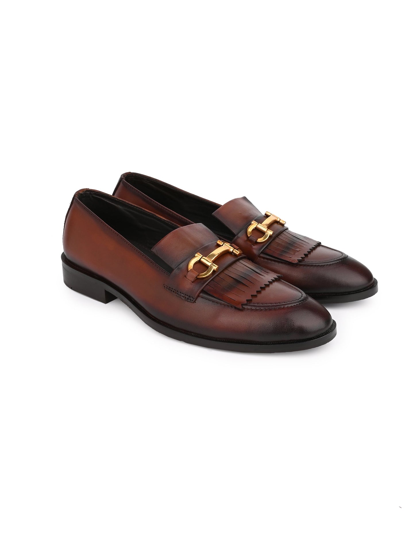 Men Brown Solid Fringes Slip On Loafers