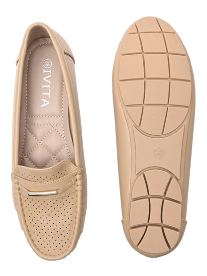 Women Beige Laser Cut Loafers