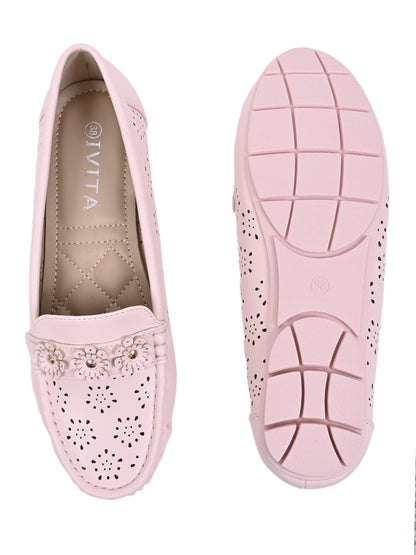 Women Pink Laser Cut Loafers