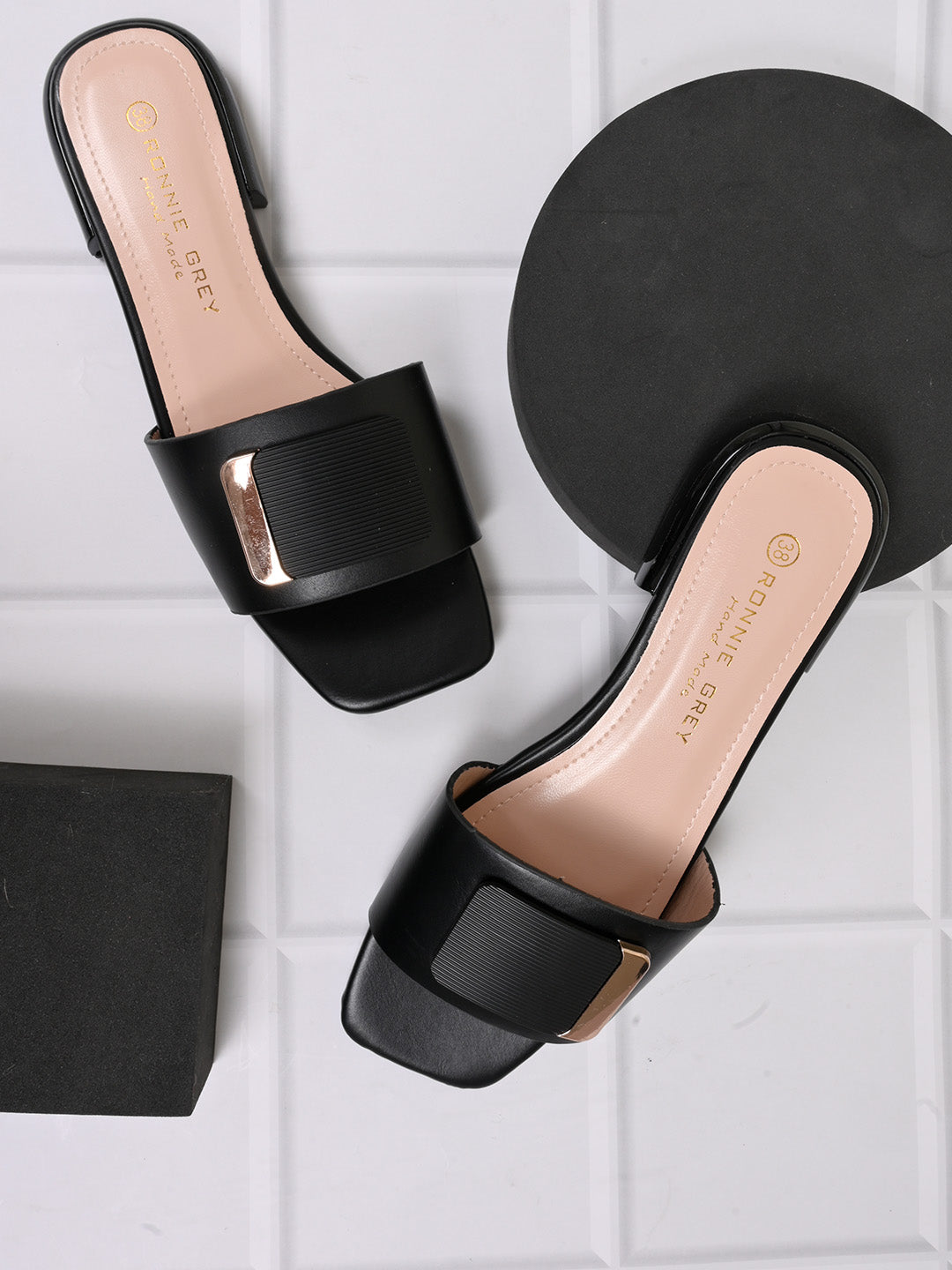 Women, Women Footwear, Black Open Toe Flats