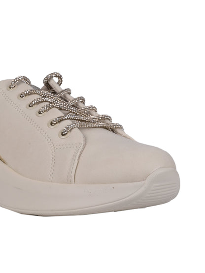 Women Beige Embellished Lace Sneakers