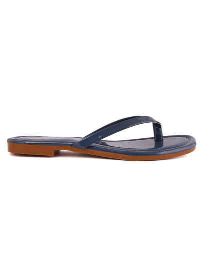 Footwear, Women Footwear, Navy Blue T-Strap Flats