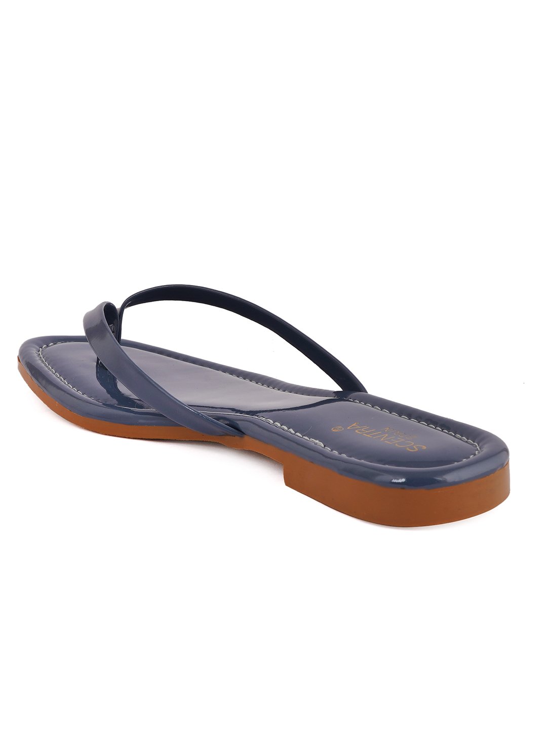 Footwear, Women Footwear, Navy Blue T-Strap Flats