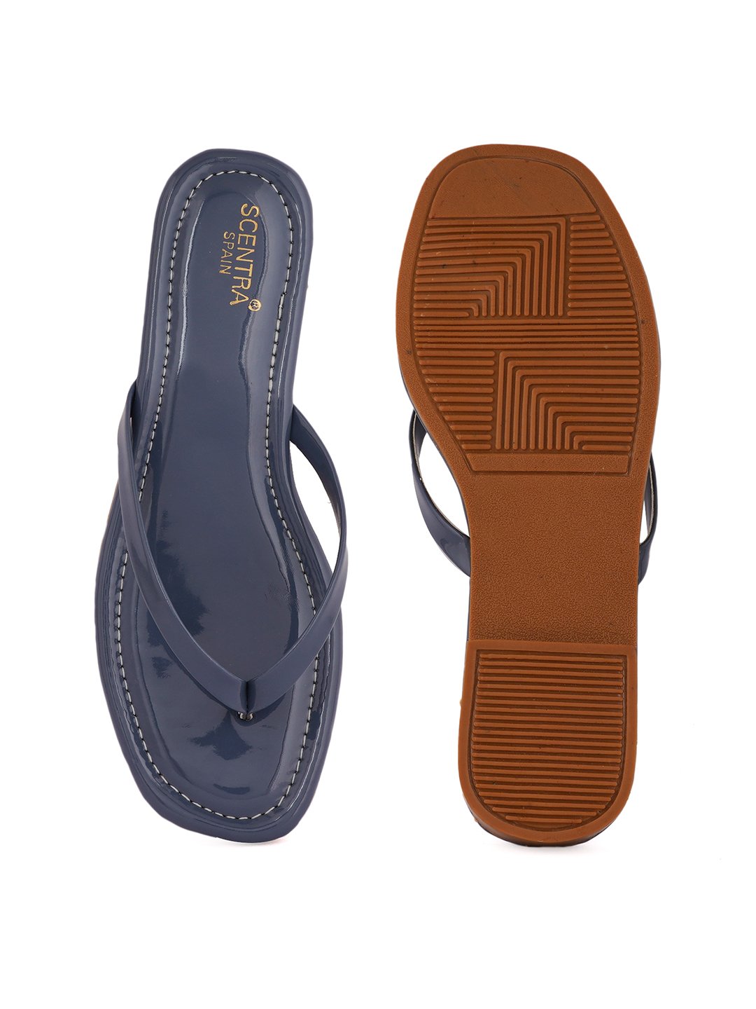 Footwear, Women Footwear, Navy Blue T-Strap Flats