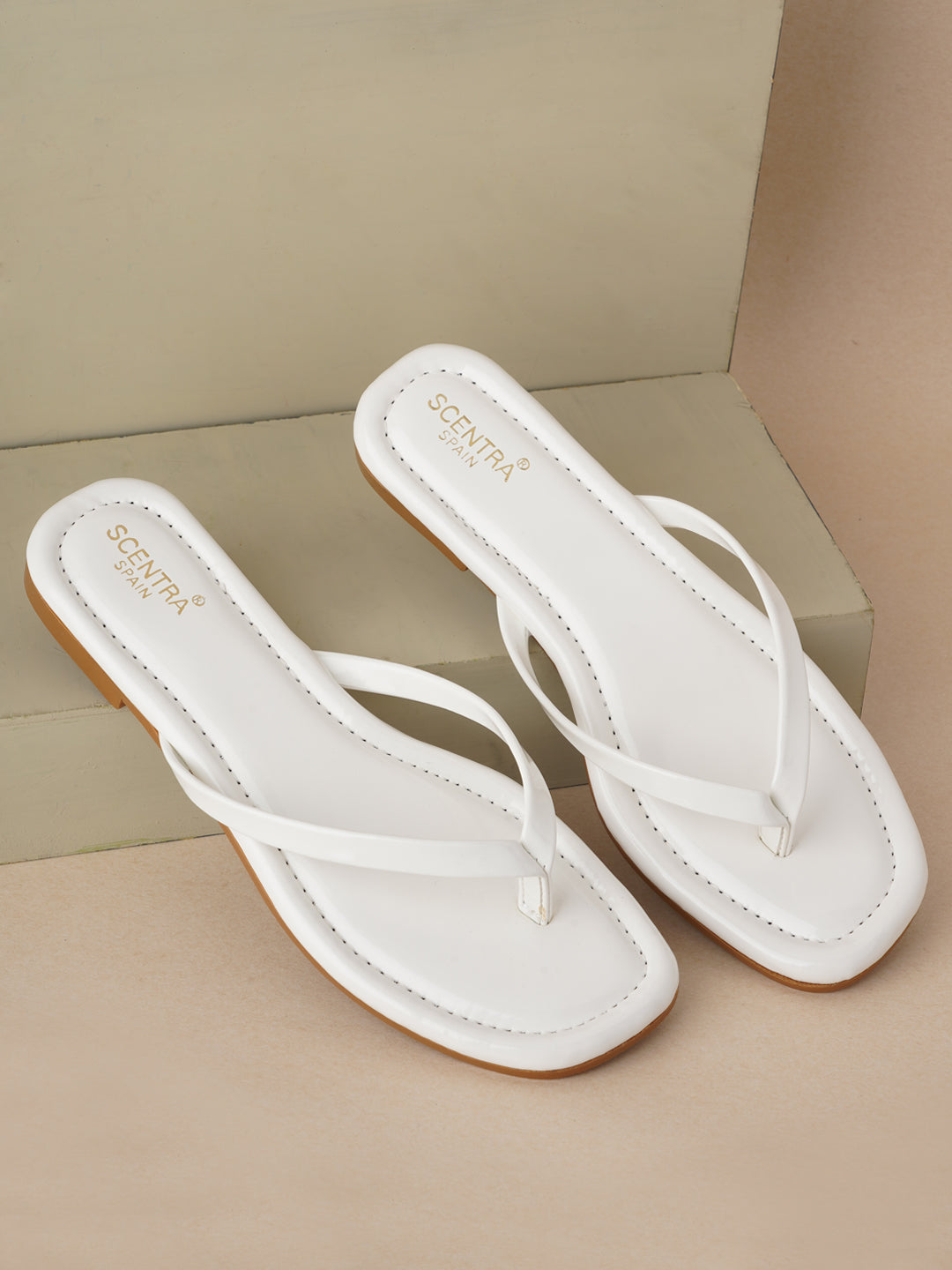 Footwear, Women Footwear, White T-Strap Flats