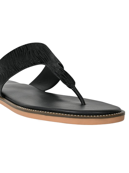 Women Black Textured T-Strap Flats